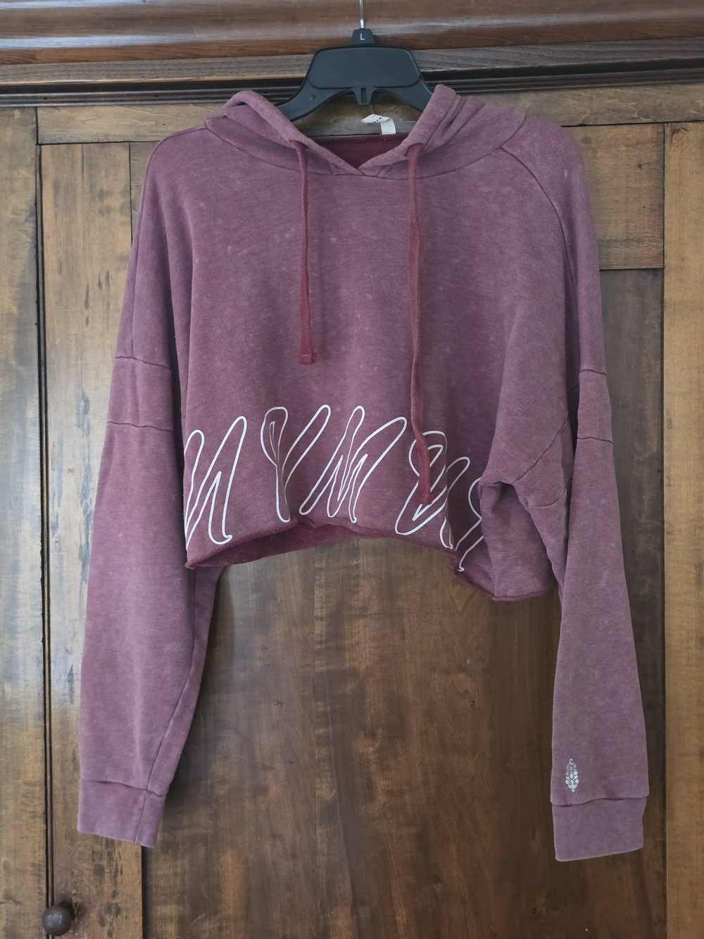 O FP Movement by Free People Washed Rose Cropped Hoodie with White Script Small